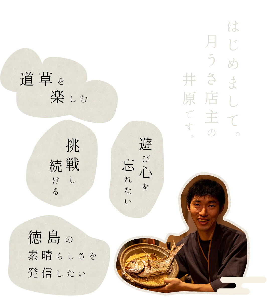 はじめまして。月うさ店主の井原です。楽しむ心を忘れない,徳島の素晴らしさを発信したい,遠回りを恐れない,挑戦し続ける